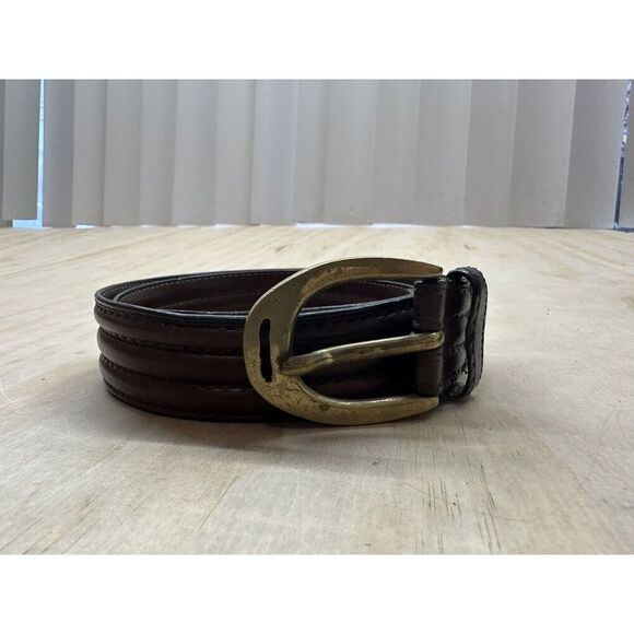 Brown Leather Belt Stamped “Italy” On Brass Buckle Medium M 34” - Picture 2 of 8